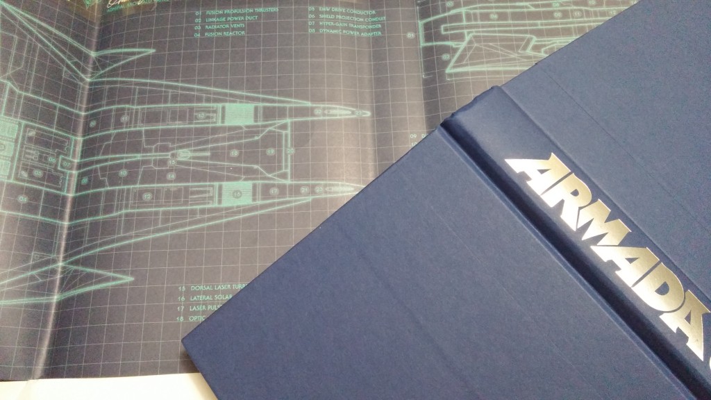 Spaceship schematics on the verso of Armada's dust jacket