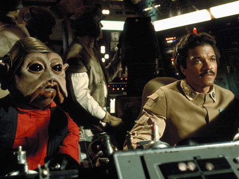 Lando and Nien Numb in Millennium Falcon Cockpit