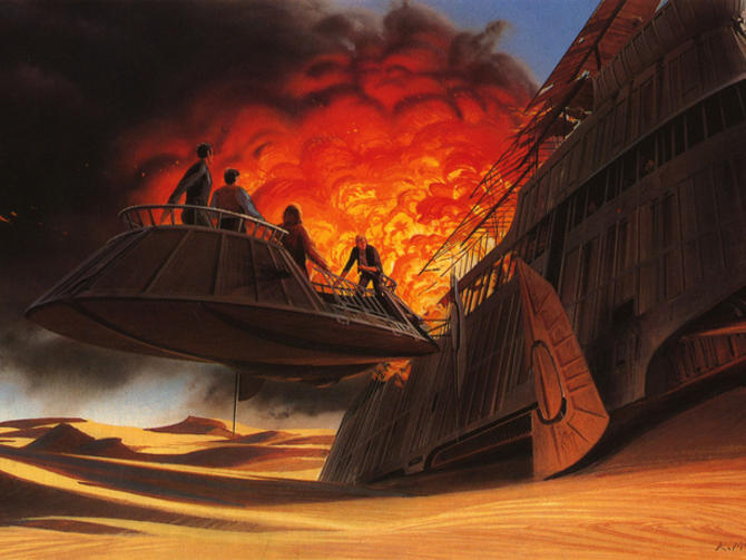 Ralph McQuarrie's concept art for the fiery escape from Jabba (found at Cnet.com, http://cnet.co/1k9NQ5A) 